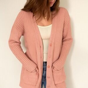 Vintage Tarazzia Pink‎ Ribbed Cardigan Sweater Lambswool Angora  Pockets M 90s